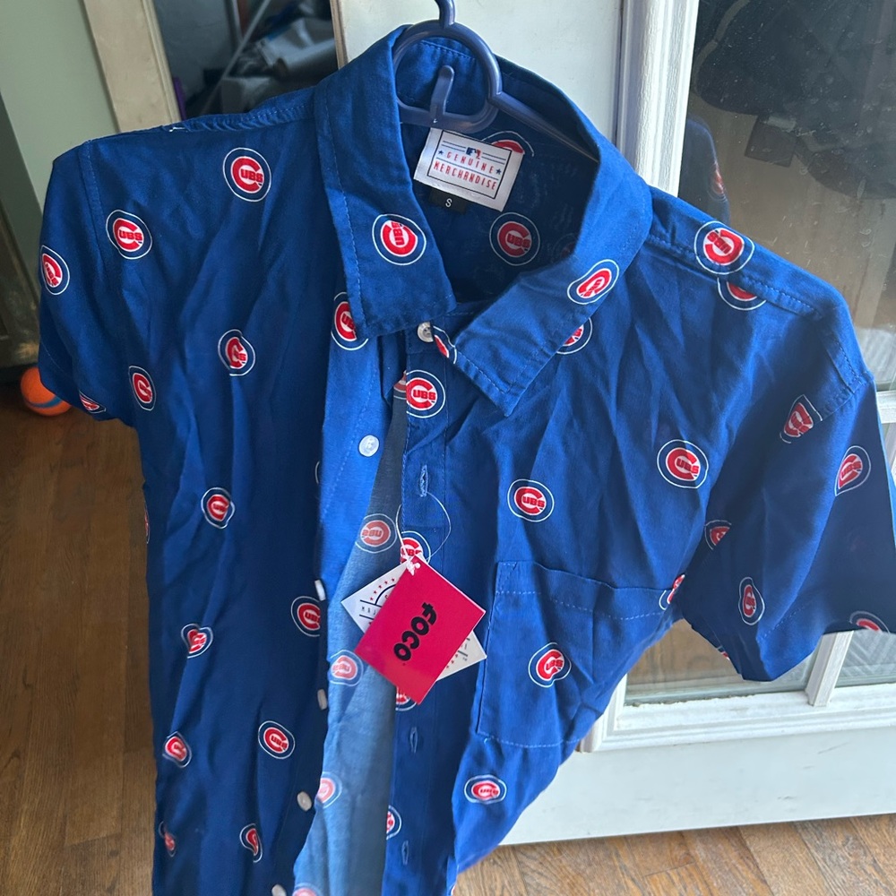 Blue Short-Sleeve Button-Down Shirt with All-Over Logo Print